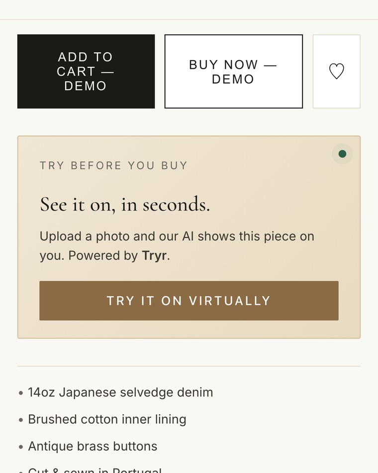 A product page on a phone, with the try-on prompt sitting under the add-to-cart button