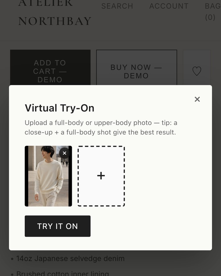 The try-on panel on a phone with the buyer's own photograph uploaded