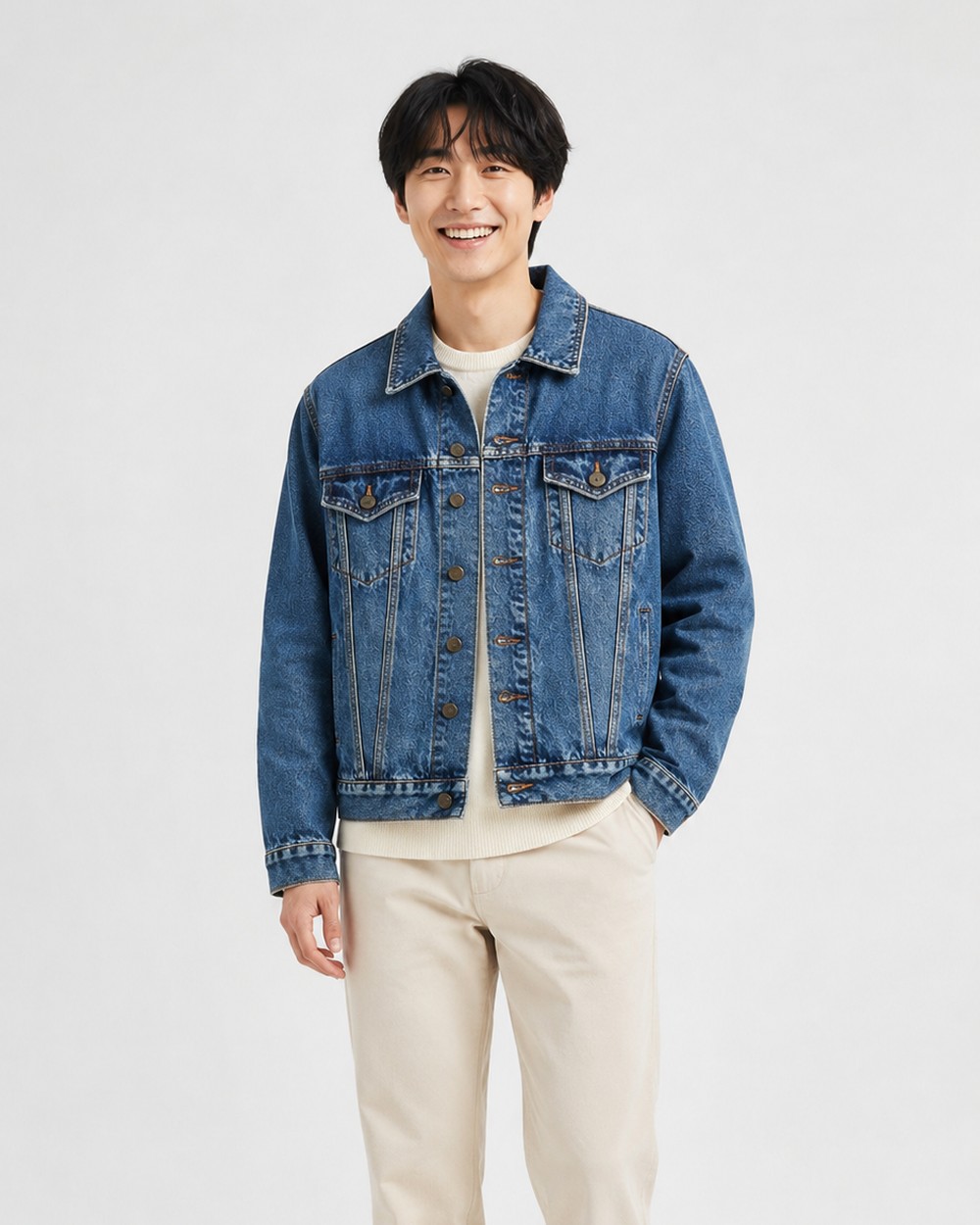 The same person wearing the denim jacket, rendered by Tryr from their own photograph