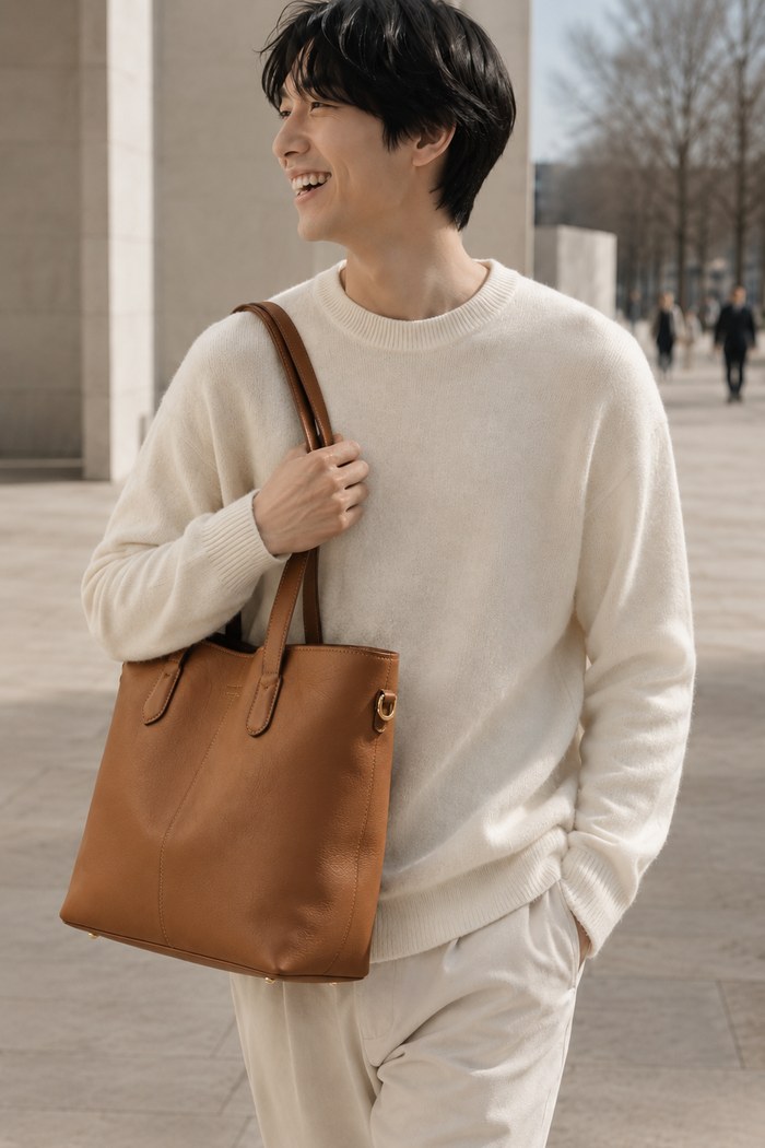 The same buyer carrying the caramel tote, rendered from their own photograph