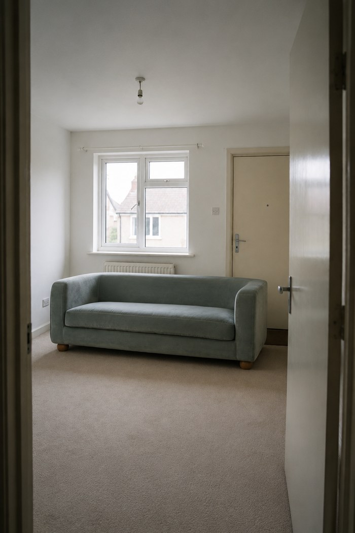The sofa standing against the wall of the buyer's own empty living room, rendered from their photograph